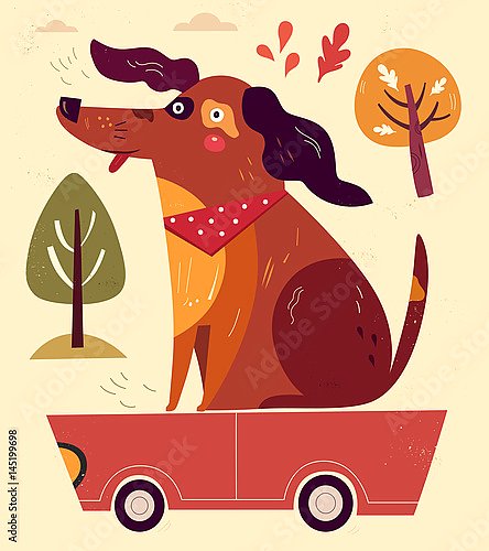 Иллюстрация с забавной собакой, сидящей на красной машинке
