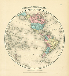 Постер Карта мира в виде полушарий: западное полушарие, 1855 г.