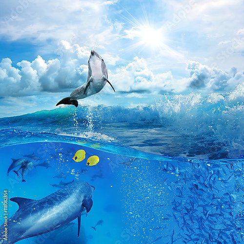 Стая игривых дельфинов, плавающих под водой