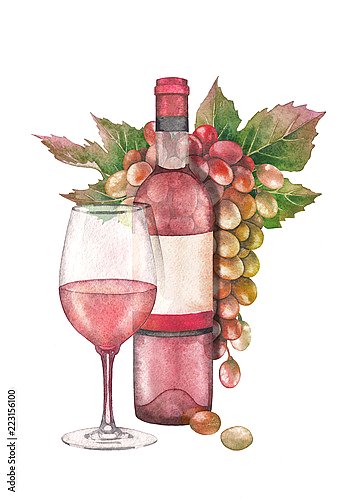 Акварельная бутылка розового вина со стаканом и гроздью винограда