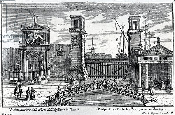View of the gates at the entrance to the Arsenal in Venice, published by Martin Engelbrecht, c.1740s