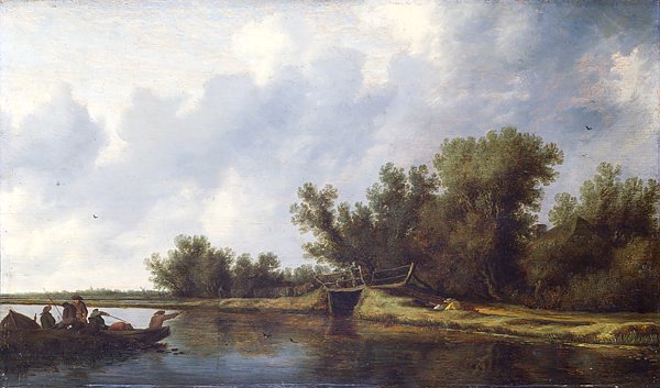 Пейзаж с рекой и рыбаками