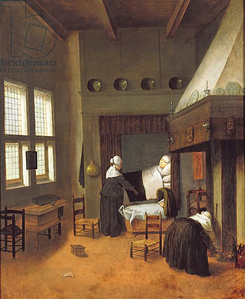 Bedroom Interior with Mother and New-Born Child
