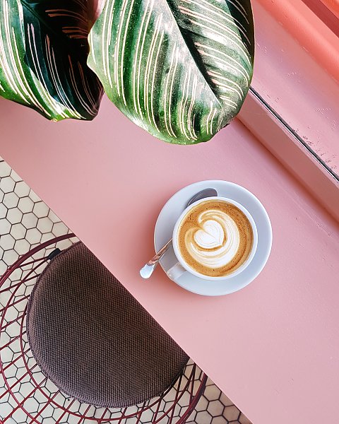 Чашка кофе под пальмовым листком