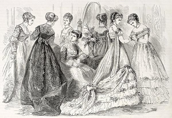 Evening and dance wear in 1868, Paris. Created by Pauquet, published on L'Illustration, Journal Univ
