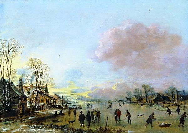 Деревня зимой, фигуристы на замерзшем канале