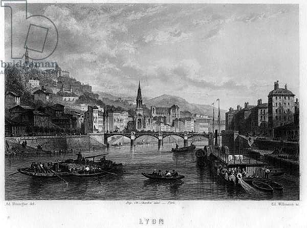 View of the city of Lyon, Rhone department, Rhone-Alpes region, France. Engraving by Willmann in “La France ancienne et moderne”” by Jean-Bernard Mary-Lafon, 1865.