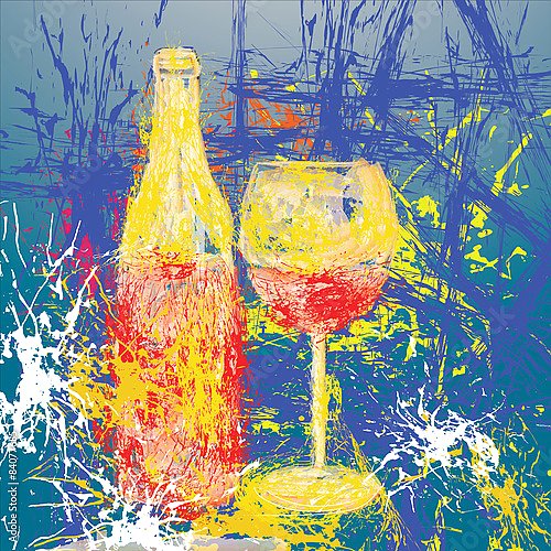 Вино и бокал, рисунок пятнами на синем фоне