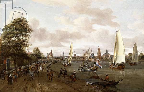 A Panoramic View of Amsterdam with a barge and smallships on the Buiten-Amstel,