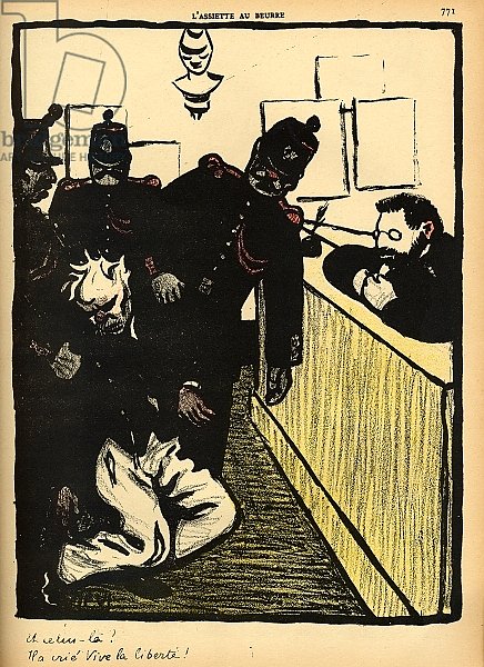 Three policemen bring a man beaten black and blue into the police station, 1902