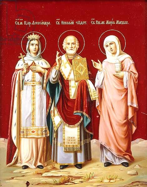 An icon painted on glass depicting Saint Nicholas, Saint Alexandra and Mary Magdalene, c.1900