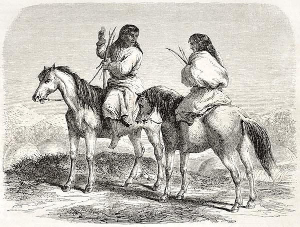 Comanche indians horseback. Created by Duveaux. Published on Le Tour du Monde, Paris, 1860
