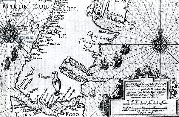 Map of the Strait of Magellan, plate from Oliver van Noort's description of his voyage, 1602