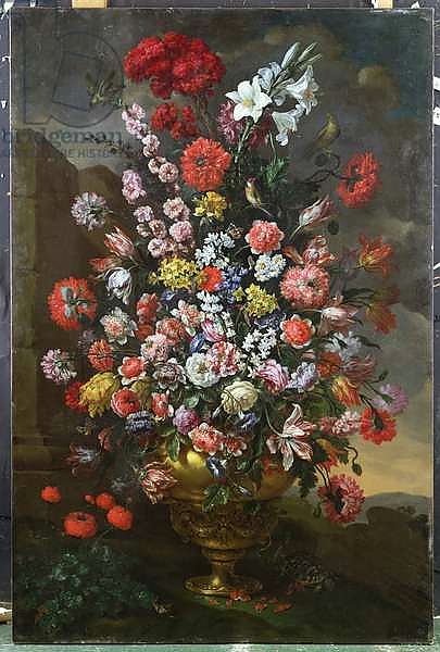 Lilies, Tulips, Carnations, Peonies, Convolvuli and Other Flowers in a Bronze Urn with Birds, a Tortoise and Butterflies in a Landscape, 1718