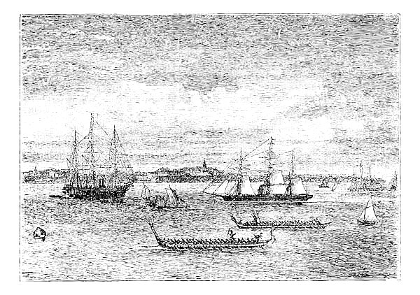 Auckland harbor in the 1890s vintage engraving, New Zealand