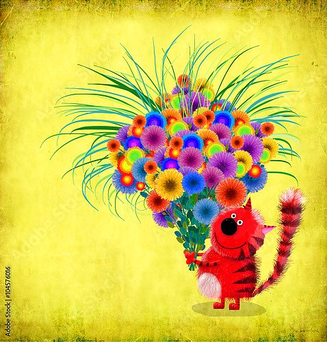 Красный кот с букетом цветов