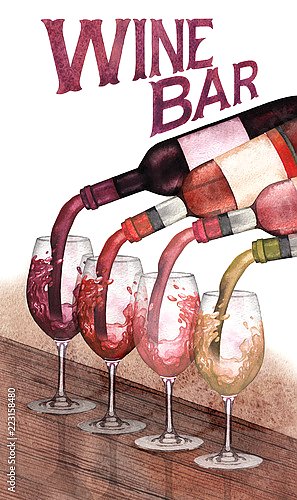 Акварельные красные, белые и розовые вина, налитые из бутылок в стаканы, стоящие на деревянном столе