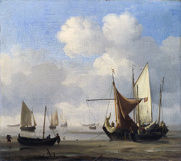 Малые голландские лодки на низкой воде в штиль