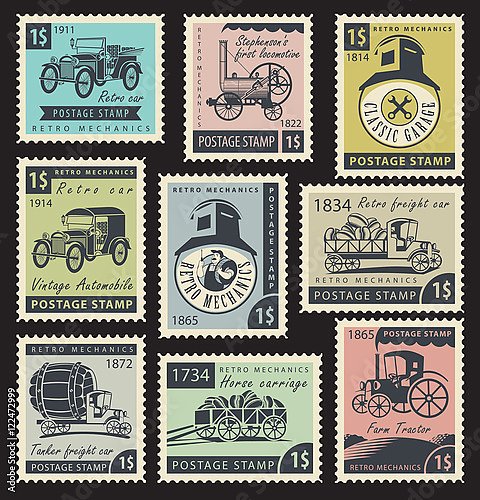 Набор марок на тему автомобильного и железнодорожного транспорта