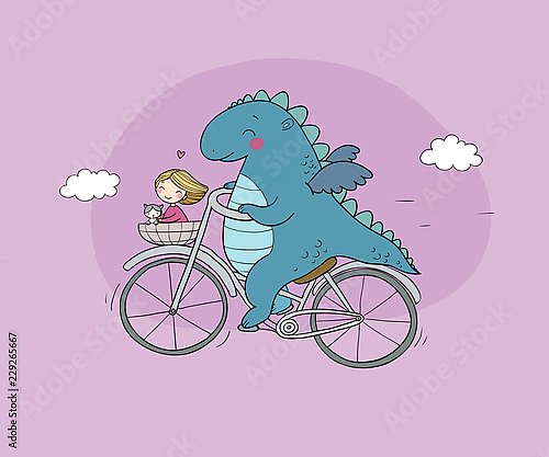 Забавный мультяшный динозавр с девочкой на велосипеде