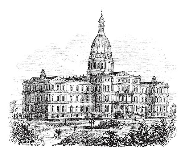 Michigan State Capitol Building. Lansing, United States vintage engraving