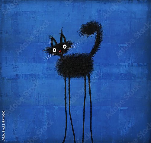 Черный пушистый кот с длинными тонкими ногами