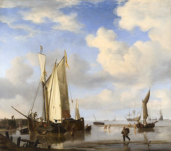 Голландские корабли у берега и купающиеся люди