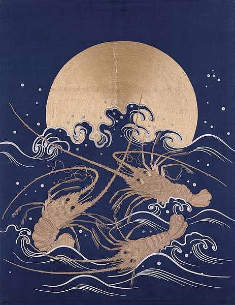 A Japanese embroidered textile panel of dark blue satin depicting three crayfish among waves before a rising sun
