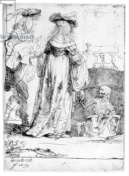 Death appearing to a wedded couple from an open grave, 1639