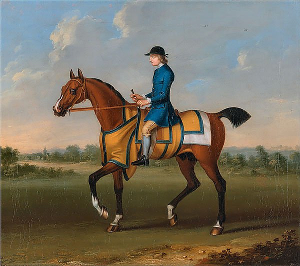 A Bay Racehorse with Jockey Up 1730