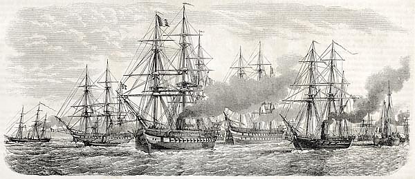 French fleet in China leaving Tche-fou towards Pe-thang. Created by Lebreton, published on L'Illustr