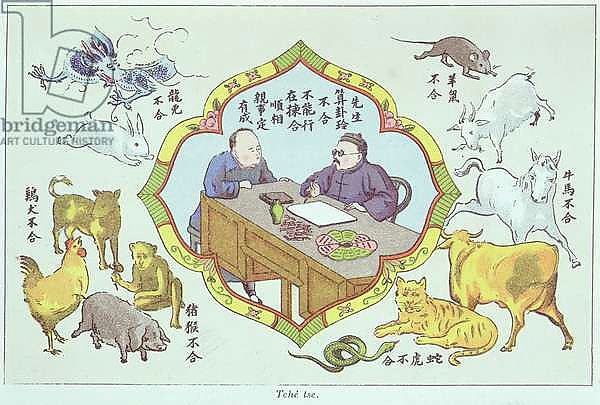 Fortune telling scene and signs of the Chinese zodiac, reproduced in 'Recherche sur les superstitions en Chine' by Father Henri Dore and published in 1911