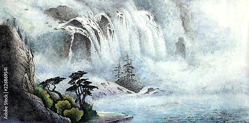Горный пейзаж с водопадом в китайском стиле
