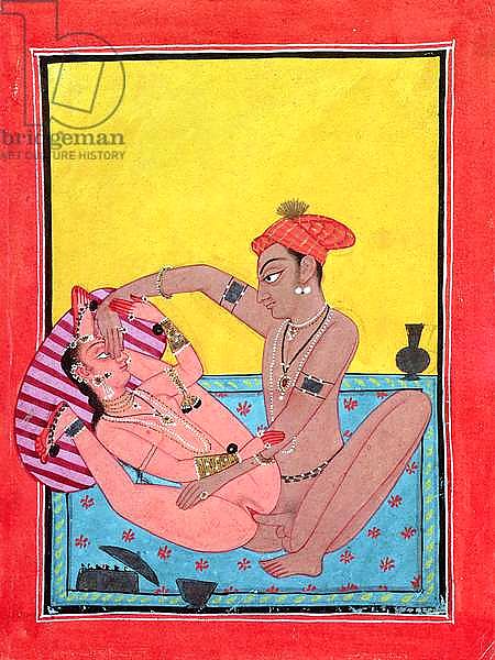 Lovers in extravagantly open posture, not mentioned in the 'Kama Sutra', Mankot, Punjab, mid-18th century