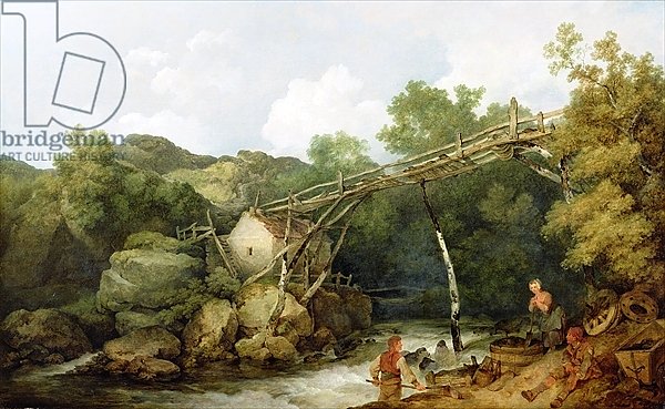 A View near Matlock, Derbyshire with Figures Working beneath a Wooden Conveyor, 1785