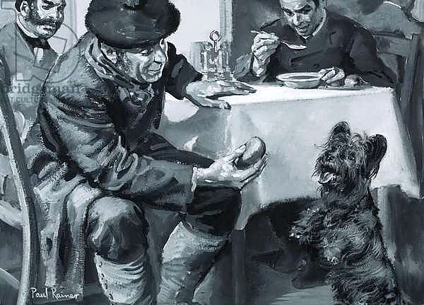 Unidentified restaurant scene of man eating soup and another feeding dog