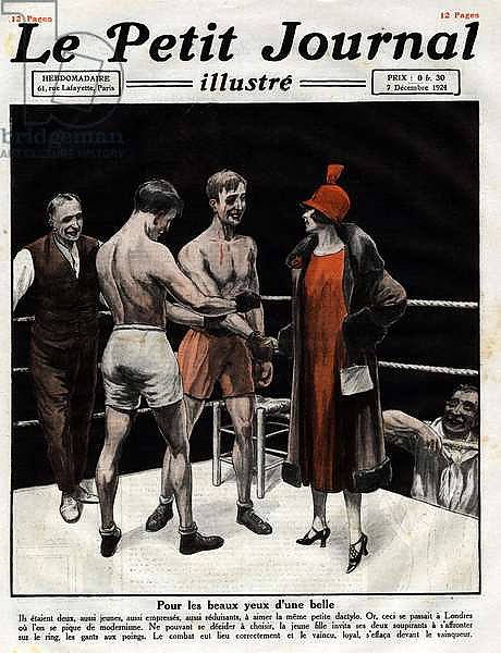 For the beautiful eyes of a beautiful woman: a woman who did not know which sigher to choose them offered to compete in boxing combat in the ring. Engraving. One of the journal “” Le Petity Journal illustrious”, 1924. Private collection.