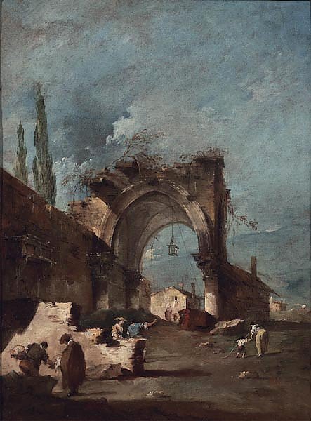A capriccio of buildings on the laguna with figures by a ruined arch
