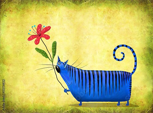Большой синий кот с цветком