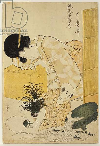 A mother dozing while her child topples a fish bowl,  from the series 'Comparison of Fashionable Children'