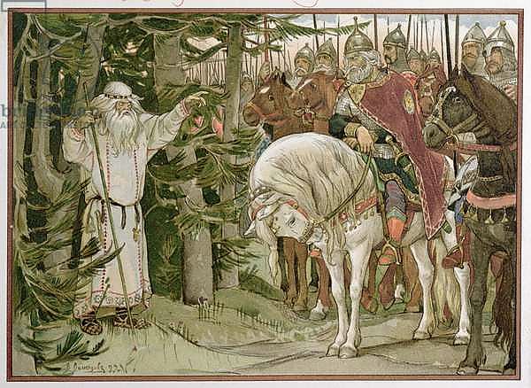 Prince Oleg meets the soothsayer who prophesizes that his horse will be the cause of his death, illustration from 'The Song of Oleg the Wise'. 1899