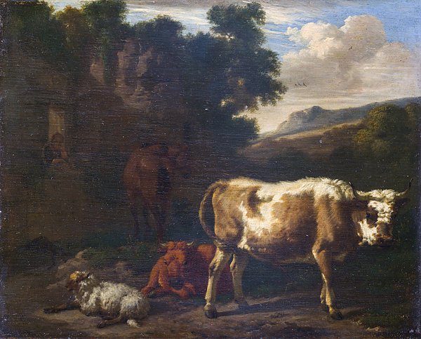 Двое телят, овца и лошадь у руин