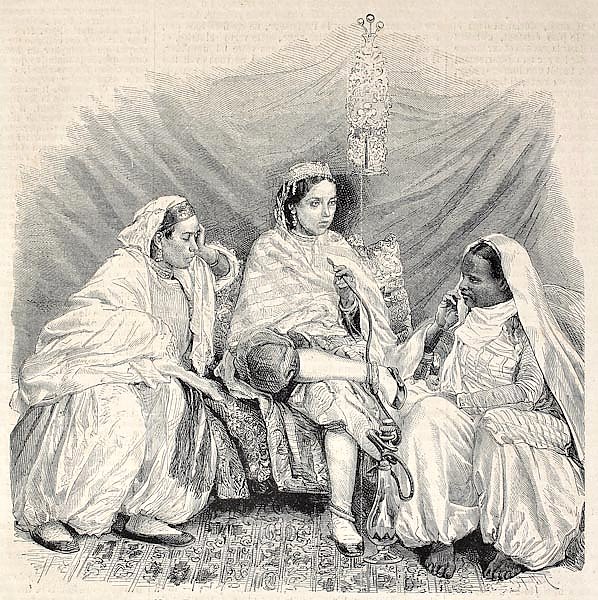 Moorish women in home interior in Algiers. Original, from drawing of Janet-Lange, published on L'Ill