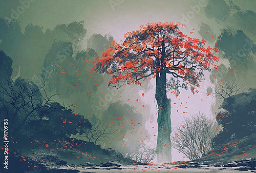 Постер Одинокое красное дерево с падающими листьями
