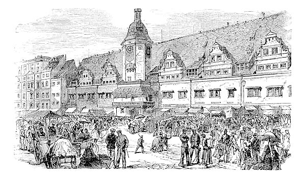 City Hall and market place in Leipzig, Germany, vintage engraving