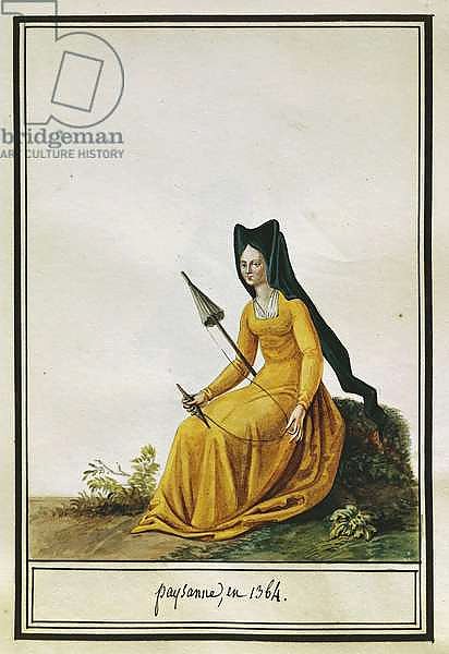French woman farmer spinning, by Pierre Antoine Leboux de La Mesangere, watercolor