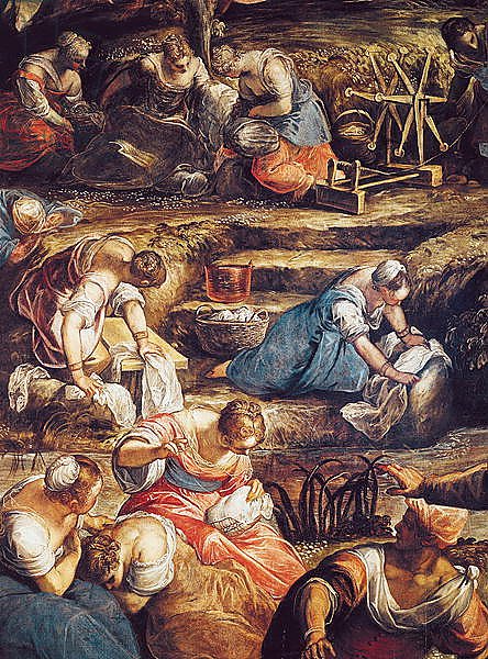 The Miraculous Fall of Manna, detail of women working