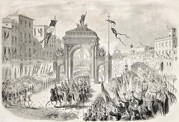 Victor Emmanuel II entering in Florence. Original, from drawing of Janet-Lange, published on L'Illus