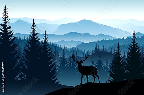 Синий пейзаж с силуэтами туманных гор, лесов и оленей