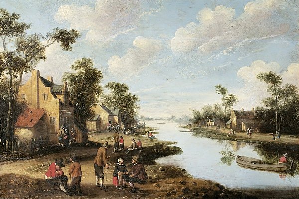 A River Landscape With Figures Resting Near An Inn